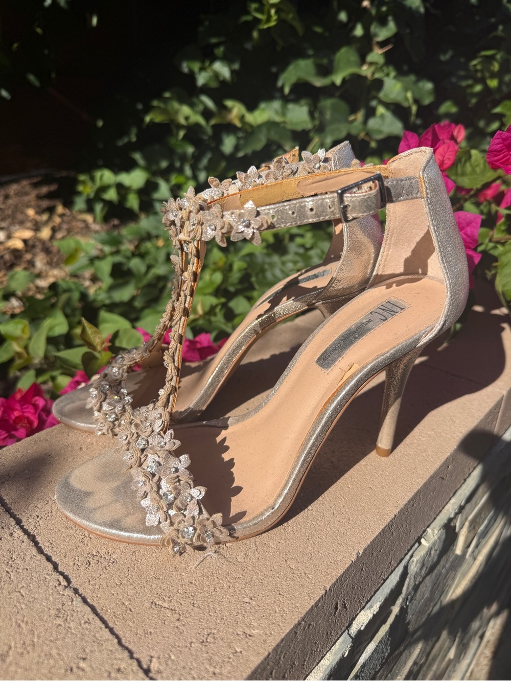 INC International Concepts Champagne Metallic Floral T-Strap Heels